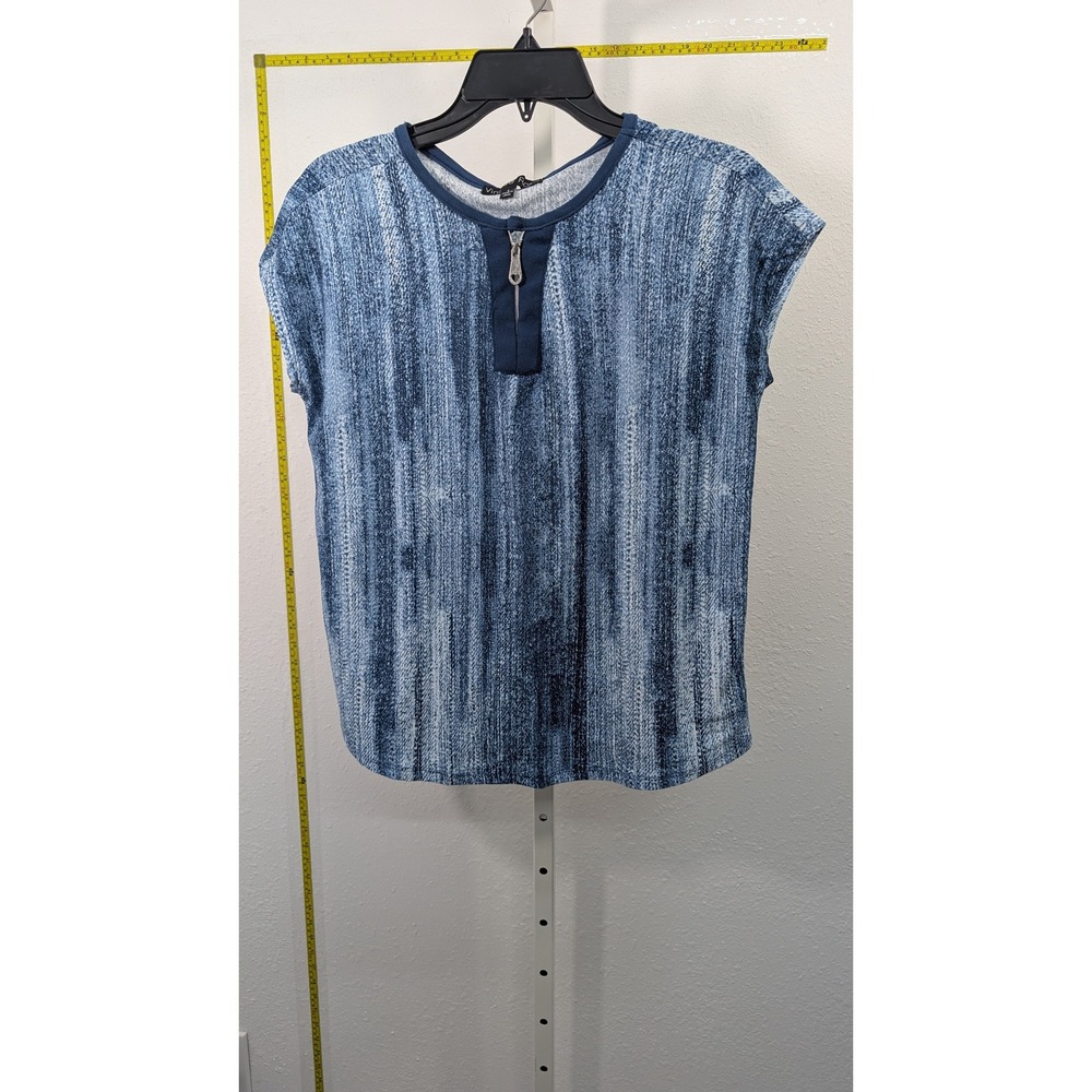 Vintage Rose Blue White Abstract Print Half Zip Short Sleeve Blouse Top Small